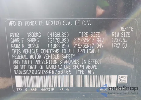 2016 Honda Hr-V Lx из США, поврежденный, VIN 3CZRU6H39GM758465